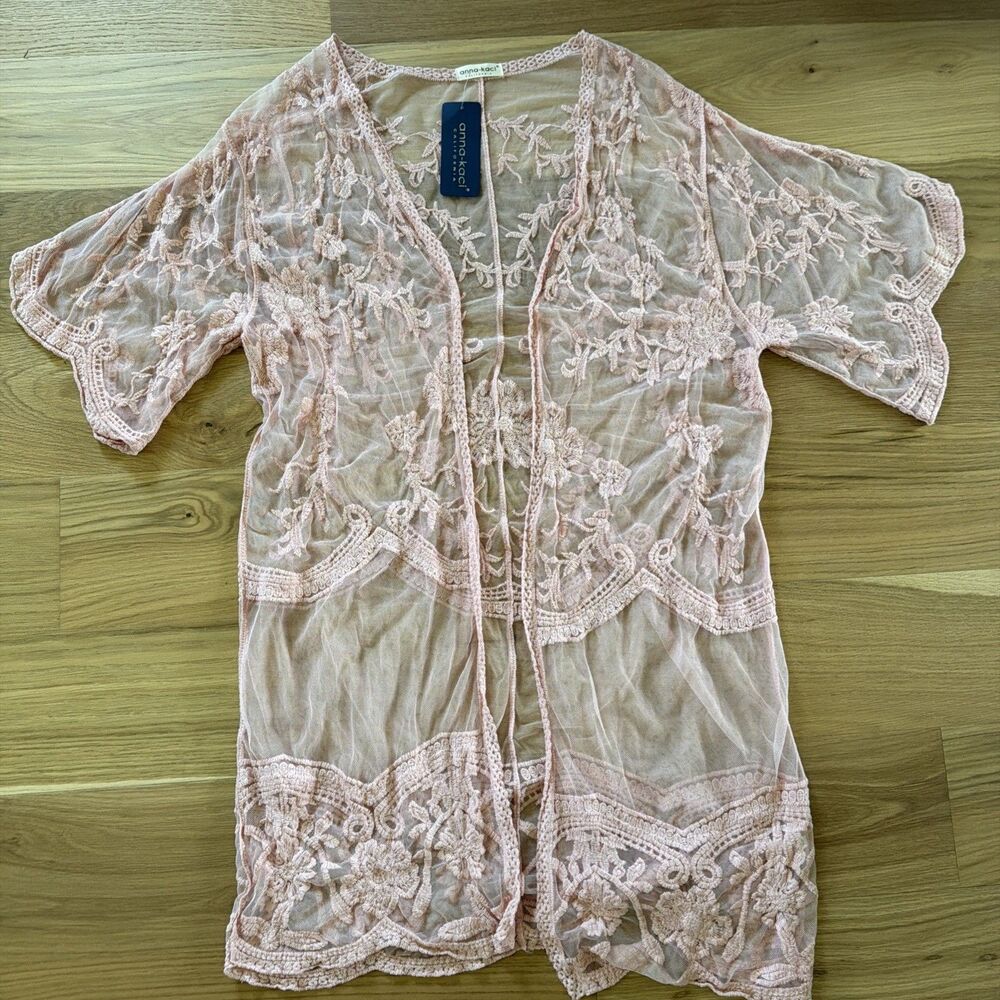 NWT Anna-Kaci Lace Sheer Kimono Cardigan Embroidered Floral Duster Boho Coquette - Picture 2 of 13